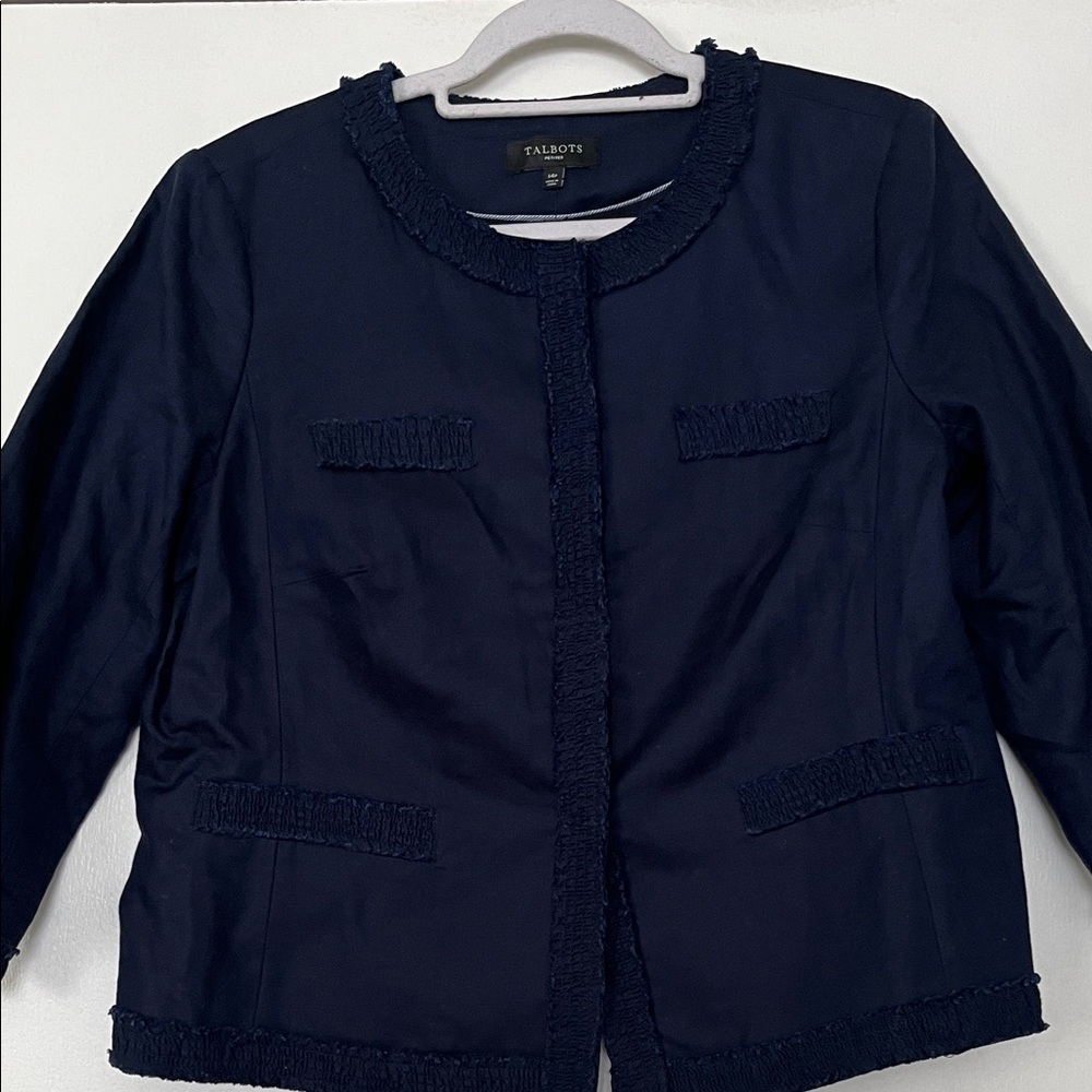 Talbots Petites Navy Blue Jacket with Fringe Trim